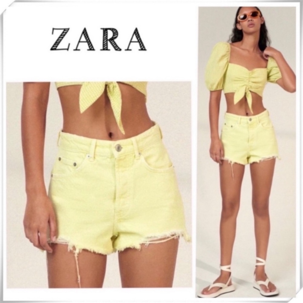 ZARA Frayed High Rise Distressed Denim Shorts Lemon Yellow Size 4 New with Tag